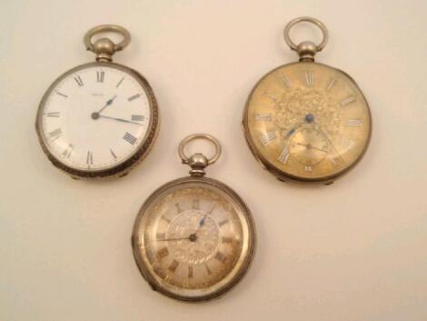 Three open faced silver pocket watches