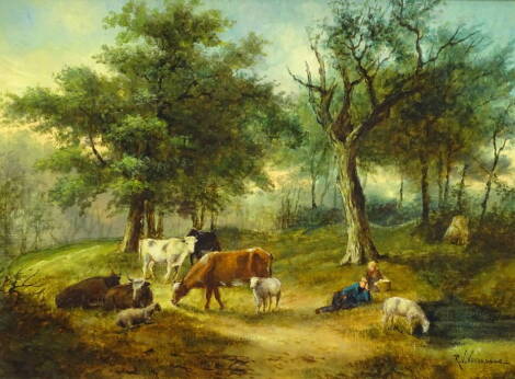 R V Verbrugge. Woodland scene with figures and cattle, oil on panel, signed, 29cm x 39cm.