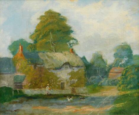 Early 20thC English School. Thatched cottage with figure and chickens, oil on canvas, 25cm x 31cm.