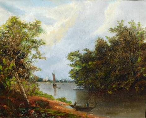 19thC English School. On the Norfolk Broads, with boats and figures, oil on canvas, indistinctly inscribed verso, 42cm x 53cm.