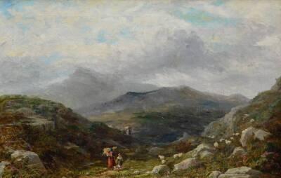 Attributed to L.C. MacCrae (19thC Scottish). A Highland scene in the Cairngorms, with figures and sheep, oil on canvas, 30cm x 46cm.