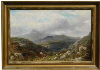 Attributed to L.C. MacCrae (19thC Scottish). A Highland scene in the Cairngorms, with figures and sheep, oil on canvas, 30cm x 46cm. - 2