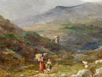 Attributed to L.C. MacCrae (19thC Scottish). A Highland scene in the Cairngorms, with figures and sheep, oil on canvas, 30cm x 46cm. - 3