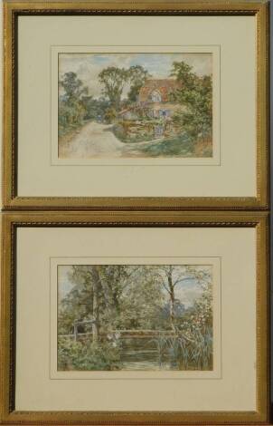 Thomas Henry Hunn (Ex. 1880-1908). Cottages at Godalming and a bridge at Godalming, a pair of watercolours, signed with monograms, 18cm x 27cm.