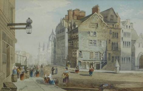 F. Beattie. High Street from head of the West Bow, Edinburgh, with figures, watercolour, signed, 26cm x 41cm.