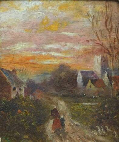 Attributed to M. Turner (19thC). Village scene at Comberton, with figures and geese, oil on panel, inscribed verso, 14cm x 12cm.