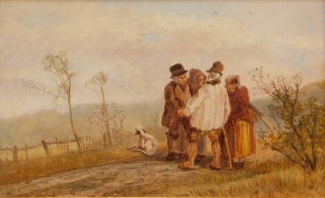 19thC English School. Landscape with country folk and a dog on a track, oil on canvas, 17cm x 27cm.