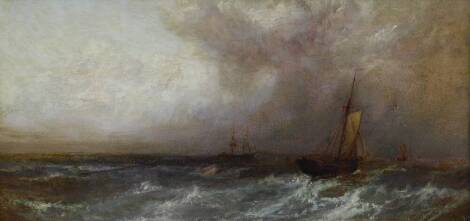 Attributed to Robert Watson. Sailing ships in a stormy sea, oil on artist board, 20cm x 43cm.