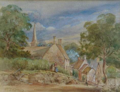 F.J. Grimsley. Village street scene with figures and a church in the distance, watercolour, 23cm x 30cm.