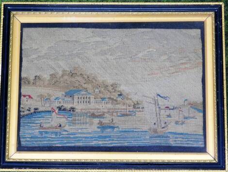 A 19thC wool petit point needlework picture, of classical landscape and harbour with figures and boats, 20cm x 30cm.