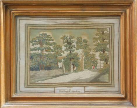 An 18thC silk needlework picture, inscribed 'View in Kensington Gardens', with figures promenading, 17cm x 24cm.