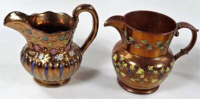 Six Victorian relief moulded copper lustre jugs, varying size and form. - 2