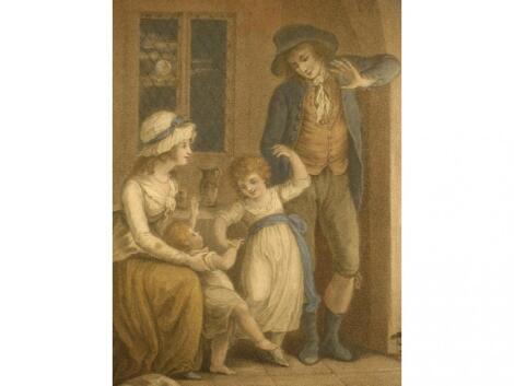 After W. Hamilton by Bartolozzi. Family group in a cottage and family group in the garden