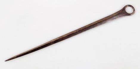 A George III silver meat skewer, with ring loop handle, London 1801, 30.5cm long, 3.2oz.