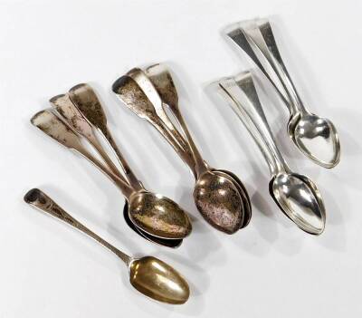 A set of six George IV silver teaspoons, monogram engraved, Reed & Son, Christian Ker Reed and David Reed, Newcastle 1821, further set of six Georgian silver teaspoons, monogram engraved and a single teaspoon with bright cut engraving, 6.43 oz.