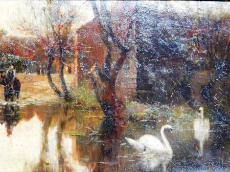 R A Gardner (English School). Swans in a pond before figure on horseback, trees and cottage, oil on board, signed and dated 1896, 26cm x 35cm.