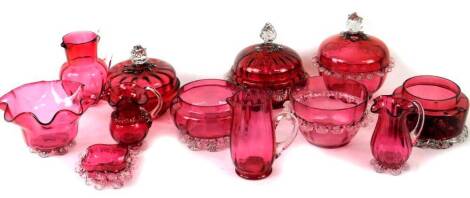 Various cranberry and ruby glassware, to include lidded bon bon dish, 18cm H, another similar, various dishes, potpouri bowl, etc. (a quantity)