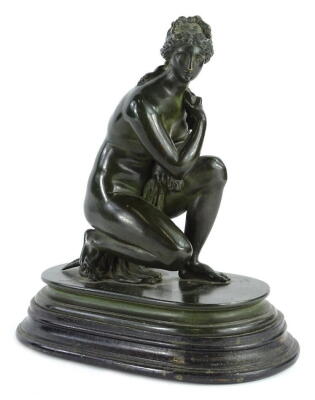 After The Antique. Crouching Venus, green patinated bronze, inscribed Musee du Vatican, on ebonised base, 29cm H, 25cm W overall.