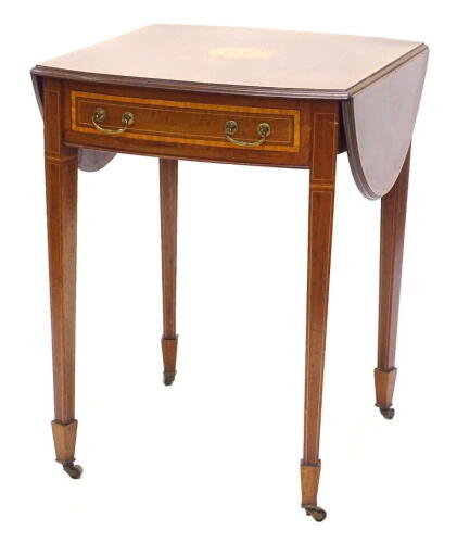 An Edwardian mahogany and satinwood banded Pembroke table by Maple and Co, the oval top inlaid with a central patera, and with a moulded edge above a frieze drawer on square tapering legs with brass castors, stamped to top of drawer, 56cm W.