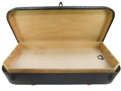 A Louis Vuitton early 20thC car trunk, possibly for a Rolls Royce, the studded black bow fronted case opening to reveal a fitted tray, bears label Louis Vuitton, 1 Scriber, Paris., and 149 New Bond St, London, bearing No 151545, externally stamped to lock - 2