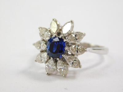 A sapphire and diamond daisy head ring, set in 18ct white gold and platinum, sapphire approx 1ct, diamonds approx 2 1/2cts, size P, 5.5g. - 3