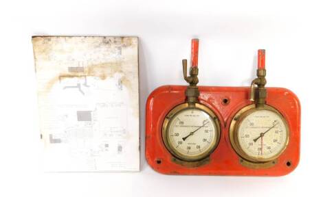 An Atlas Sprinkler Company twin pressure gauge, Installation and Towns Main, on a red cast iron back plate, together with a plan in relation to installation, purportedly The Empire Cinema, Leicester Square, London., 43cm H, 48cm W. (2)