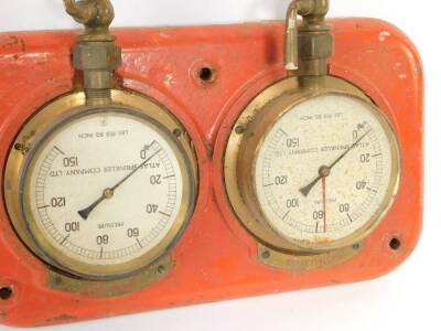 An Atlas Sprinkler Company twin pressure gauge, Installation and Towns Main, on a red cast iron back plate, together with a plan in relation to installation, purportedly The Empire Cinema, Leicester Square, London., 43cm H, 48cm W. (2) - 3