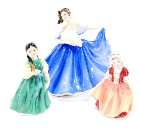 Three Royal Doulton figures comprising Elaine (HN2791), 19cm H, Dinky Do (HN2120), 11.5cm H, and Francine (HN2422), 12.5cm H.