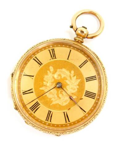 A Victorian lady's 18ct gold cased pocket watch, open faced, key wind, foliate engraved dial with burnished chapter ring bearing Roman numerals, jeweled movement by Andre Mathey, the case with floral and foliate engraving, shield reserve, no key, 43.7g al