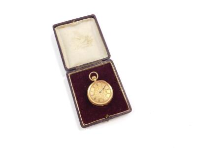 A Victorian lady's 18ct gold cased pocket watch, open faced, keyless wind, floral and foliate engraved dial with burnished chapter ring bearing Roman numerals, jeweled movement, the case with floral and foliate engraving, shield reserve, no key, 38.3g al - 5