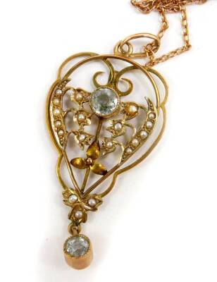 A Victorian gold aquamarine and seed pearl set pendant, on a 9ct gold neck chain, together with a 15ct gold shield shape stick pin, 6.7g all in. (2) - 2
