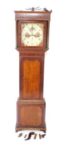 A Georgian mahogany and oak longcase clock, the square enamelled metal dial painted with figures, bearing Roman and Arabic numerals, subsidiary seconds dial and moon phase, two train eight day movement with bell strike, the case hood with fluted pillars, 