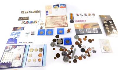 A WWI Great War medal to A Eley, O.TEL.RNVR, BZ11578, together with Georgian and later coinage, commemorative coins, first day covers and sundries. (qty)