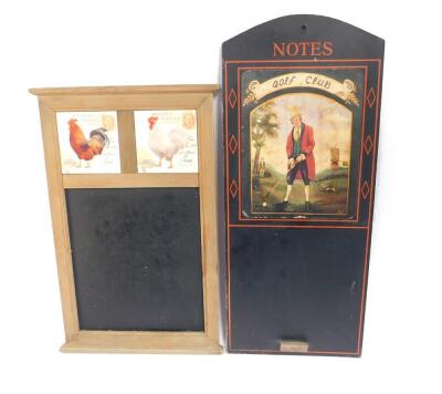 Two decorative chalk boards, one titled Notes, above a print entitled Golf Club, 60.5cm H, the other pine framed and inset with two French ceramic tiles for The French Postale, 50cm H.