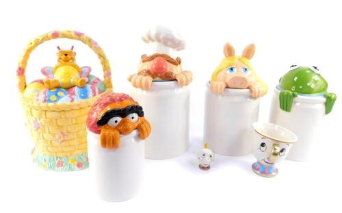 Four Jim Henson Muppets kitchen storage jars, to include Kermit and Miss Piggy, a Disney Store Winnie The Pooh biscuit jar, and a Disney Character Chip and Mrs Potts teacup and teapot. (7)