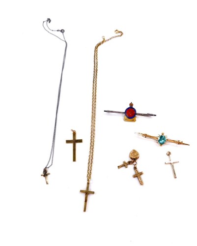 Three 9ct gold crosses, one on a belcher link chain, 10.1g, three cross and heart charms, a bar brooch and a silver and enamel military bar brooch, Queen Mary's Regiment, Surrey Yeomanry.