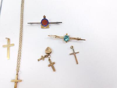 Three 9ct gold crosses, one on a belcher link chain, 10.1g, three cross and heart charms, a bar brooch and a silver and enamel military bar brooch, Queen Mary's Regiment, Surrey Yeomanry. - 2