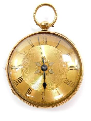 A gentleman's 18ct gold cased pocket watch, open faced, key wind, circular gilt dial bearing Roman numerals, fusee movement, No 121, London 1868, 55.0g all in.