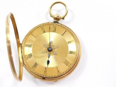 A gentleman's 18ct gold cased pocket watch, open faced, key wind, circular gilt dial bearing Roman numerals, fusee movement, No 121, London 1868, 55.0g all in. - 2