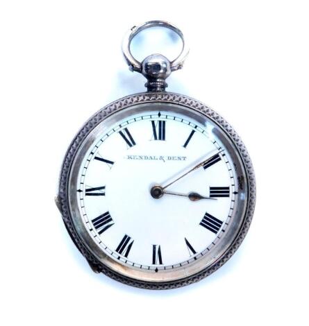 A Victorian silver lady's pocket watch, open faced, key wind, enamel dial for Kendal & Dent, bearing Roman numerals, with key, Birmingham 1886.