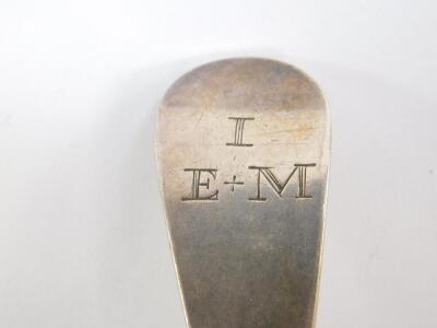 A pair of George III silver tablespoons, initial engraved, Peter and William Bateman, London 1806, together with a George III silver dessert spoon, London 1784, 4.48oz. - 2