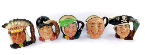 Five large Royal Doulton character jugs, comprising Farmer John, Gone Away D6531, Sairey Gamp, Long John Silver D6335, and North American Indian D6611.