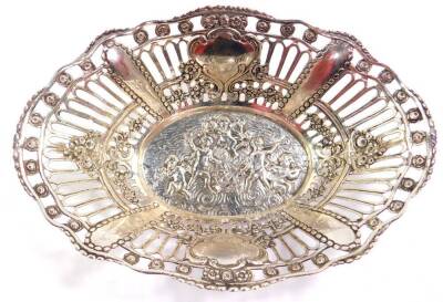 A continental silver oval basket, of pierced high sided form, embossed with putti and cherubs playing musical instruments, stamped A835, 3.49oz.