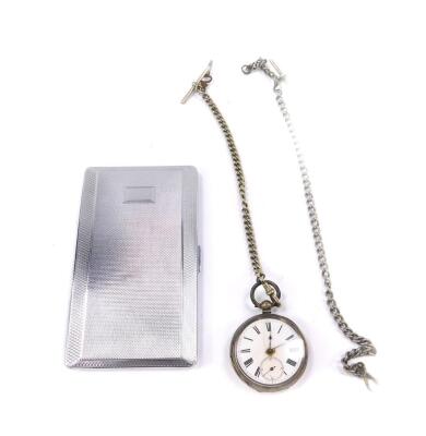 A gentleman's early 20thC pocket watch, open faced, key wind, enamel dial bearing Roman numerals, subsidiary seconds dial, case with engine turned decoration, stamped 800/1000 silver, with key, on a plated Albert chain, further plated Albert chain, and a