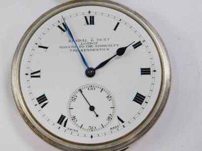 A George V silver cased gentleman's pocket watch, Kendall & Dent, London, makers to the Admiralty, The Kendentick, white enamel dial bearing Roman numerals, subsidiary seconds dial, keyless wind, Swiss twenty one jewelled movement, Birmingham 1941, furthe - 3