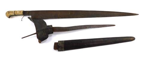 A Middle Eastern straight short sword, with inlaid bone handle, blade 60cm L, and a dagger with a wooden cross guard, wavy blade, with engraved detailing with sheath, blade 30cm L. (2)