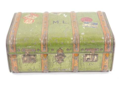 An early 20thC Macfarlane Lang & Company biscuit tin, modelled as a cabin trunk, initialled M L, with faux luggage labels, 14cm W.