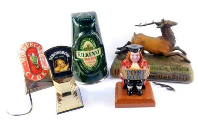 Breweriana, comprising four bar lamps, for Kilkenny Irish Beer, Woodpecker Cider, Strongbow Dry Cider, and Toby Bitter., together with a lit advertising figure of a deer, for M & B Marvellous Beer. (5)