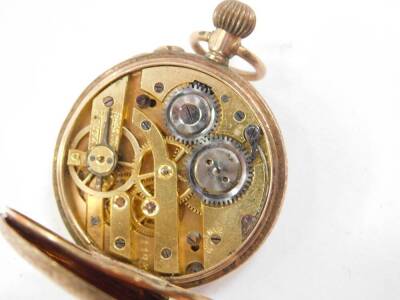 A gentleman's 9ct gold cased wristwatch, open face, keyless wind, enamel dial bearing Roman numerals, London 1919, together with a lady's 9ct gold cased pocket watch, open face, keyless wind, floral engraved dial with chapter ring, bearing Arabic numerals - 3