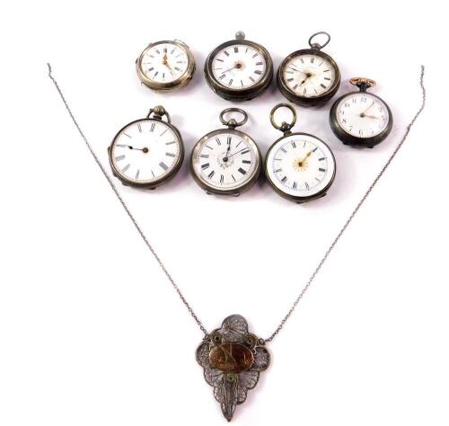 Victorian lady's silver cased pocket watches, open faced, keywind, together with a gun metal cased pocket watch, keyless wind, a silver cased wristwatch, and a Egyptian silver filigree pendant on chain. (8)